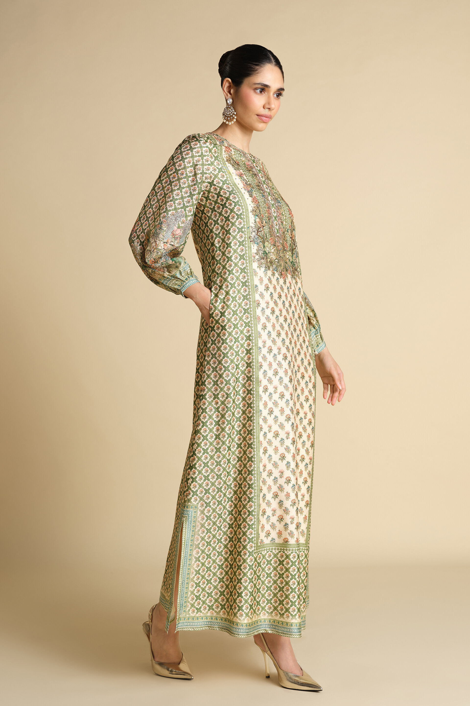 Rhiannon Gota Patti Silk Kaftan - Ivory, Ivory, image 3